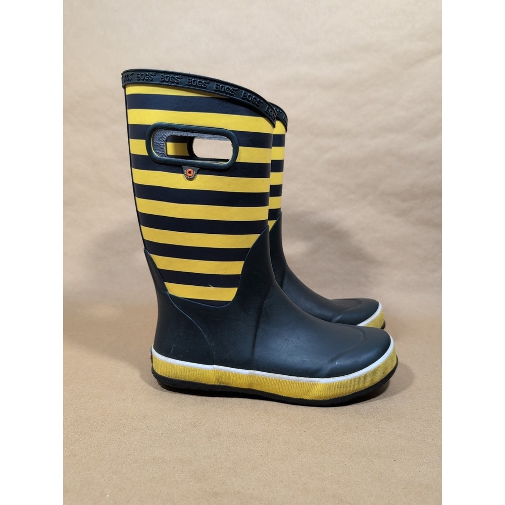 Bogs Kids Youth 4‎ Rain Boots Pull On Rugby Yellow Navy Stripe Waterproof - Picture 2 of 7